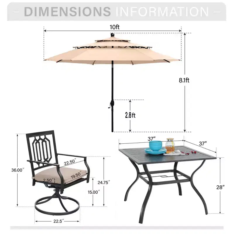 Set Captiva Designs da 6 pezzi con tavolo quadrato da giardino, sedie in metallo con schienale a fuso e ombrellone beige