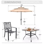 Set Captiva Designs da 6 pezzi con tavolo quadrato da giardino, sedie in metallo con schienale a fuso e ombrellone beige