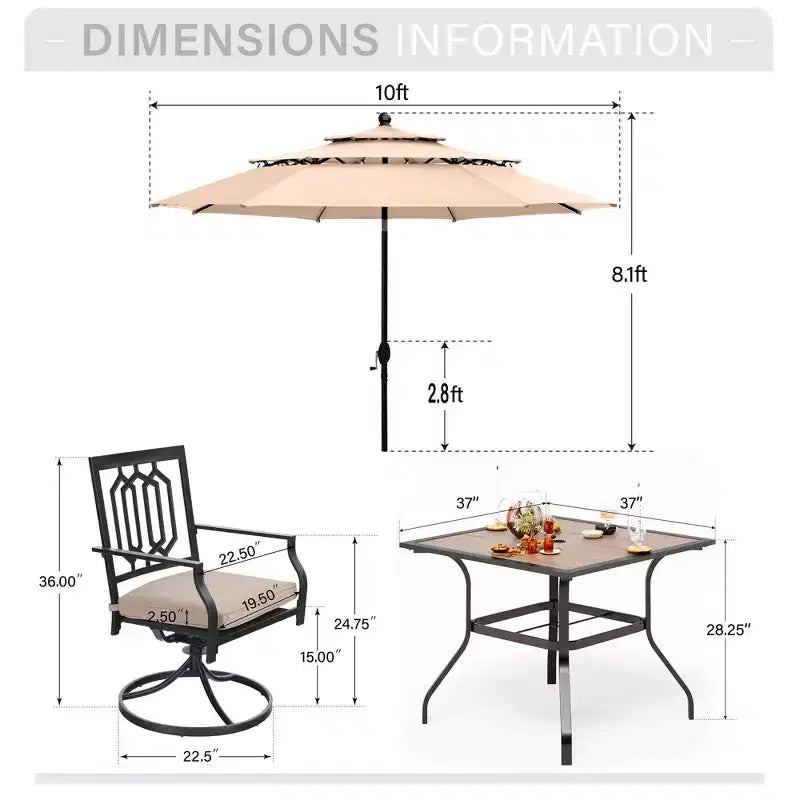 Set Captiva Designs da 6 pezzi con tavolo quadrato da giardino, sedie in metallo con schienale a fuso e ombrellone beige