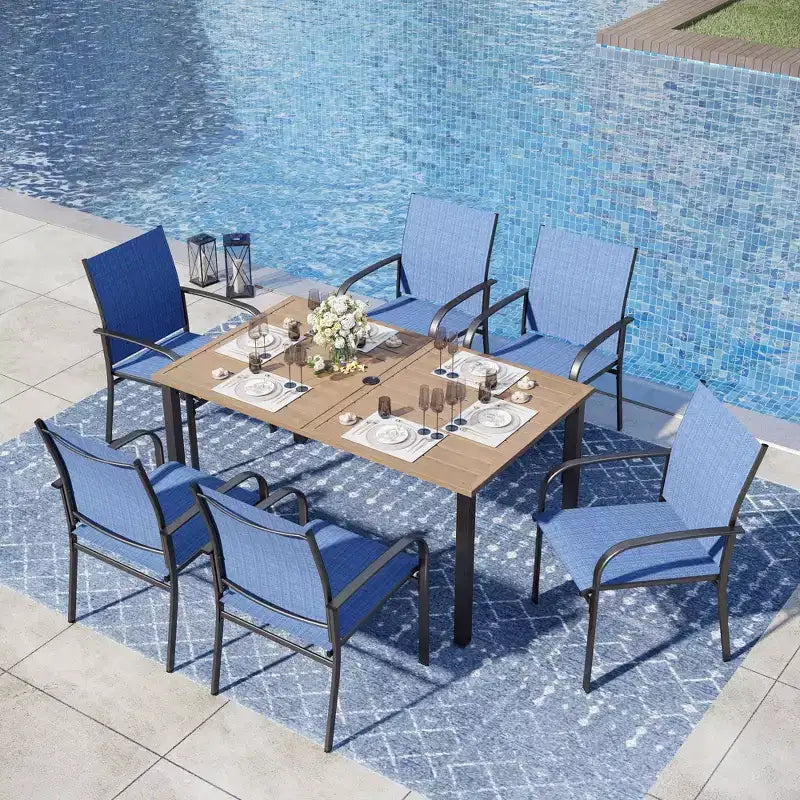 Captiva Designs - Ensemble de salle à manger 7 pièces pour terrasse extérieure avec table en acier à plateau à lattes aspect bois et chaises fixes en toile