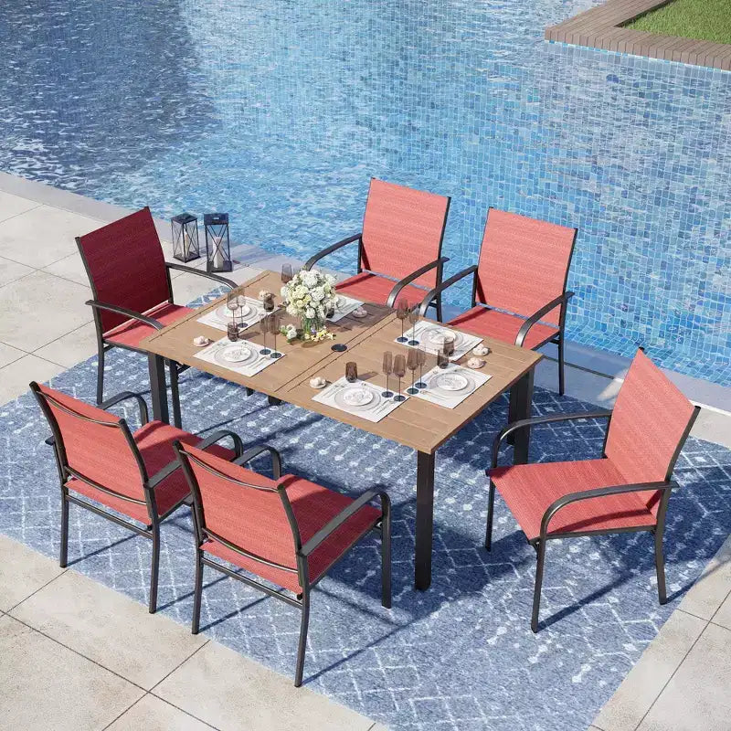Captiva Designs - Ensemble de salle à manger 7 pièces pour terrasse extérieure avec table en acier à plateau à lattes aspect bois et chaises fixes en toile