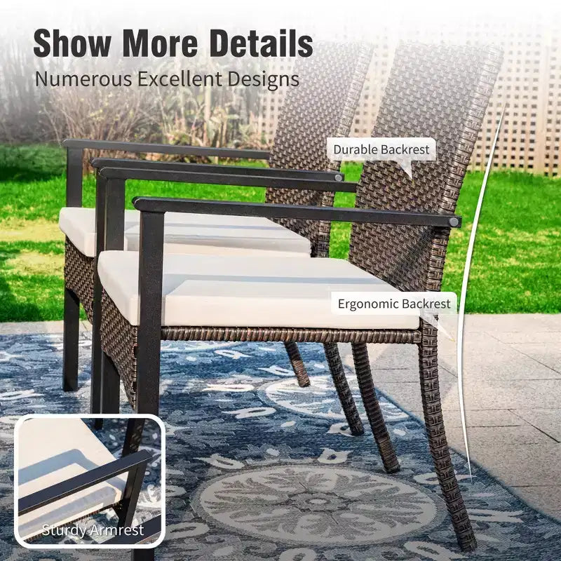 Captiva Designs Set da pranzo 7 pezzi con tavolo in acciaio con ripiano a doghe e foro per ombrellone e sedie in rattan con braccioli imbottiti
