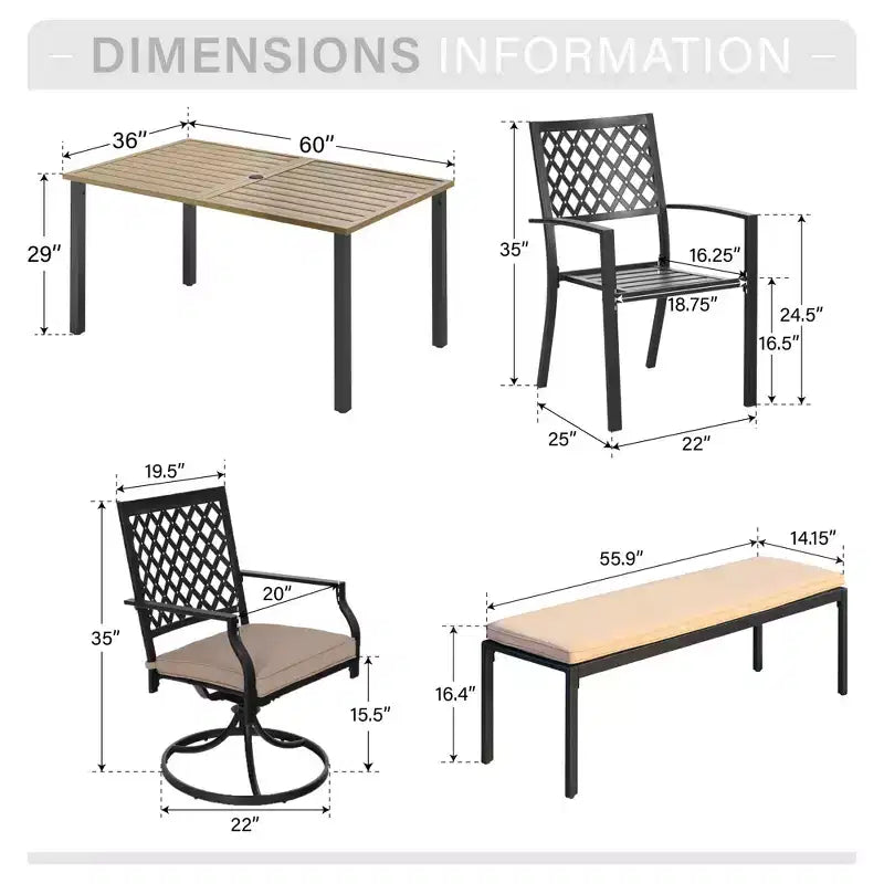 Captiva Designs Set 6 Pezzi da Esterno con Tavolo da Pranzo in Acciaio con Piano a Doghe, Sedie in Metallo e Panca Imbottita