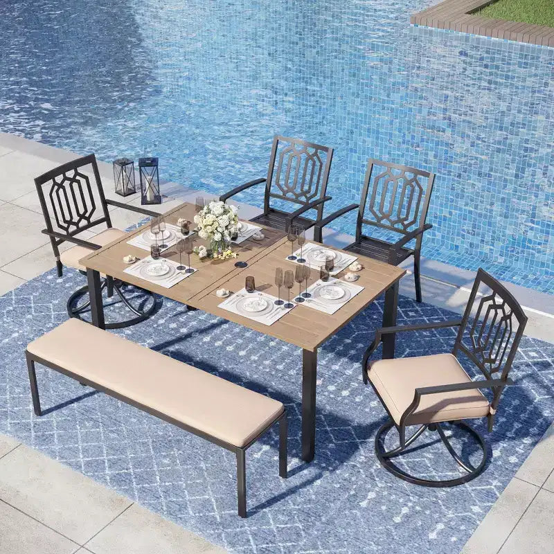 Captiva Designs – Table de salle à manger et chaises en métal avec banc rembourré, 6 pièces, en acier et plateau à lattes pour extérieur