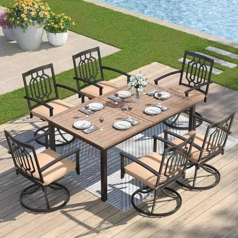 Captiva Designs Set da pranzo da 7 pezzi per patio con tavolo rettangolare in acciaio con finitura Driftwood e sedie con braccioli in metallo
