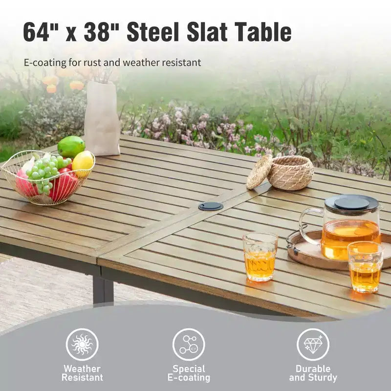 Captiva Designs Set da pranzo da 7 pezzi per patio con tavolo rettangolare in acciaio con finitura Driftwood e sedie con braccioli in metallo