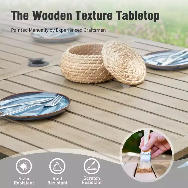 Captiva Designs Set da pranzo da 7 pezzi per patio con tavolo rettangolare in acciaio con finitura Driftwood e sedie con braccioli in metallo