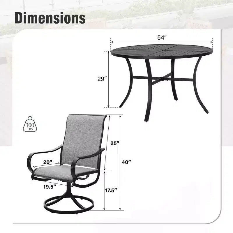 Captiva Designs, table ronde à lattes en acier noir 7 pièces avec trou pour parasol et chaises pivotantes en textilène