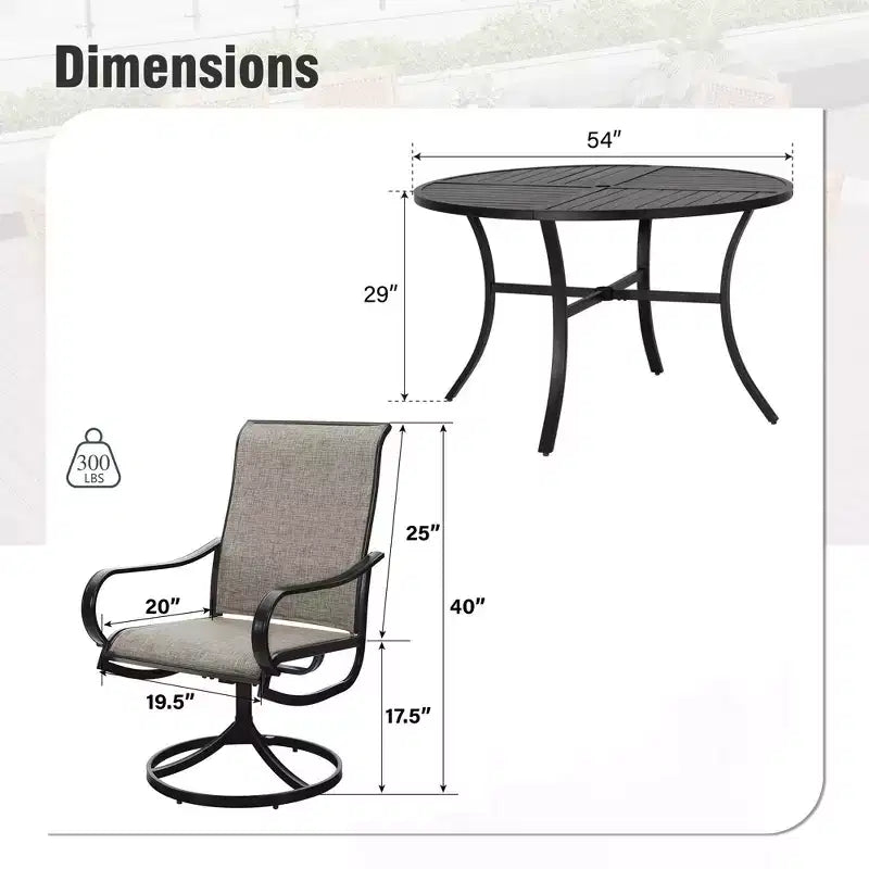 Captiva Designs, table ronde à lattes en acier noir 7 pièces avec trou pour parasol et chaises pivotantes en textilène
