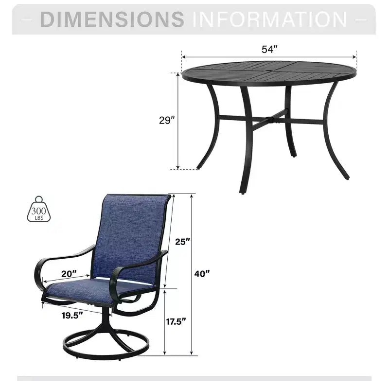 Captiva Designs, table ronde à lattes en acier noir 7 pièces avec trou pour parasol et chaises pivotantes en textilène