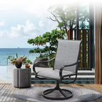Captiva Designs, table ronde à lattes en acier noir 7 pièces avec trou pour parasol et chaises pivotantes en textilène