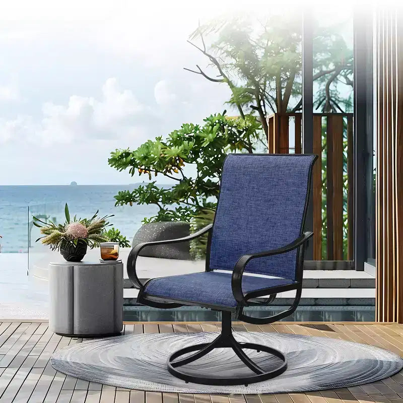 Captiva Designs, table ronde à lattes en acier noir 7 pièces avec trou pour parasol et chaises pivotantes en textilène