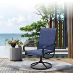 Captiva Designs, table ronde à lattes en acier noir 7 pièces avec trou pour parasol et chaises pivotantes en textilène