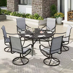 Captiva Designs 7pc Black Round Slatted Steel Table with Umbrella Hole & Textilene Swivel Chairs