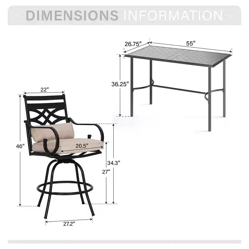 Captiva Designs Ensemble de 5 pièces pour patio extérieur avec table de bar rectangulaire en acier et chaises hautes