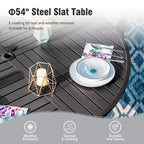 Captiva Designs Tavolo da pranzo in acciaio nero per patio esterno da 7 pezzi con foro per ombrellone e sedie in rattan con braccioli imbottiti