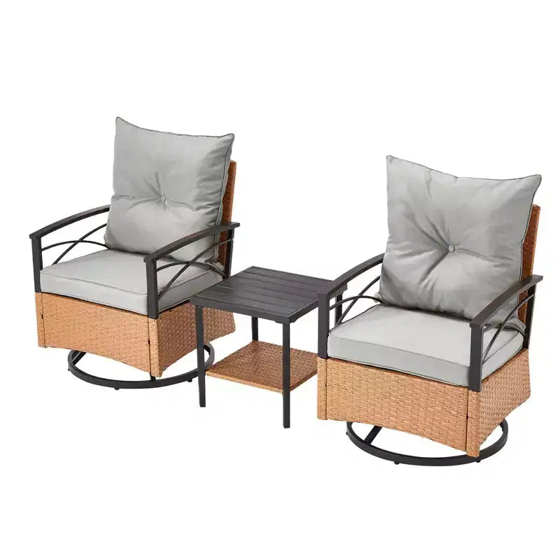 Fauteuils pivotants à bascule en rotin EROMMY 3 pièces pour patio, chaises à bascule pivotantes d'extérieur avec 1 table basse en rotin, parfaites pour le porche, le jardin et la pelouse