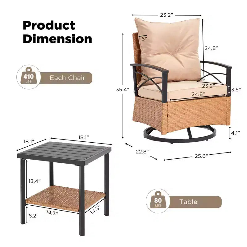 Fauteuils pivotants à bascule en rotin EROMMY 3 pièces pour patio, chaises à bascule pivotantes d'extérieur avec 1 table basse en rotin, parfaites pour le porche, le jardin et la pelouse