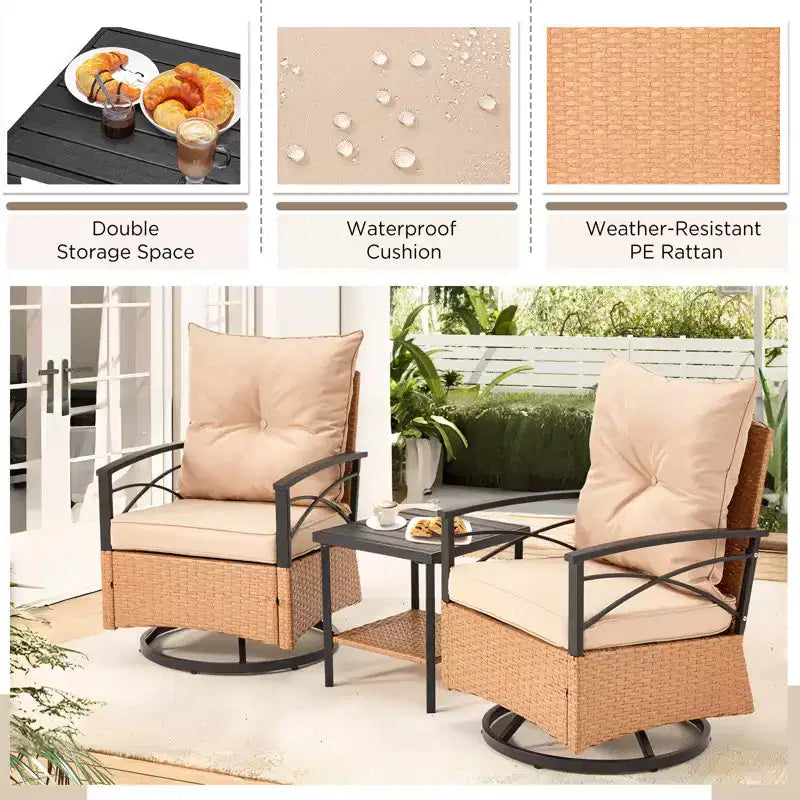 Fauteuils pivotants à bascule en rotin EROMMY 3 pièces pour patio, chaises à bascule pivotantes d'extérieur avec 1 table basse en rotin, parfaites pour le porche, le jardin et la pelouse