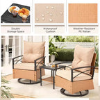 Fauteuils pivotants à bascule en rotin EROMMY 3 pièces pour patio, chaises à bascule pivotantes d'extérieur avec 1 table basse en rotin, parfaites pour le porche, le jardin et la pelouse