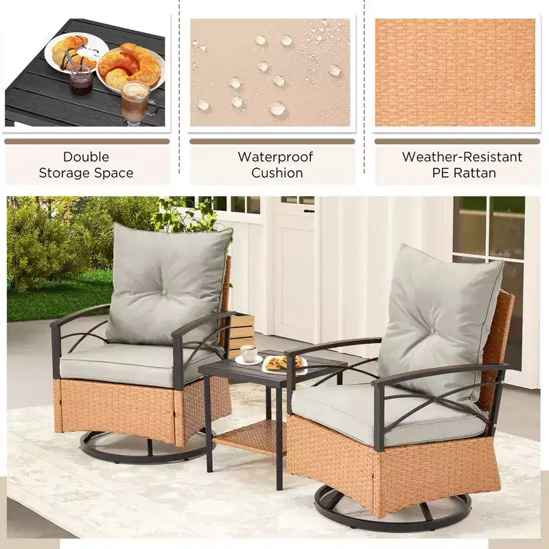 Fauteuils pivotants à bascule en rotin EROMMY 3 pièces pour patio, chaises à bascule pivotantes d'extérieur avec 1 table basse en rotin, parfaites pour le porche, le jardin et la pelouse