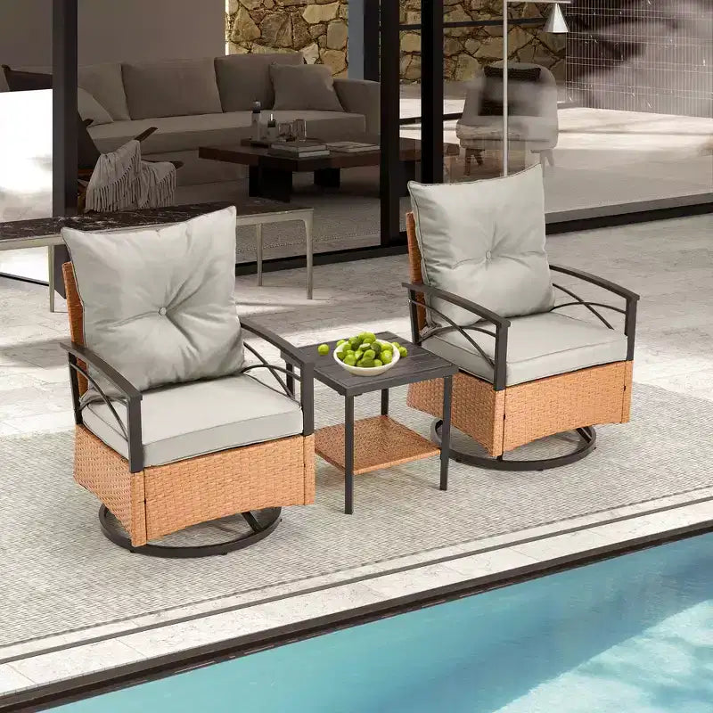 Fauteuils pivotants à bascule en rotin EROMMY 3 pièces pour patio, chaises à bascule pivotantes d'extérieur avec 1 table basse en rotin, parfaites pour le porche, le jardin et la pelouse