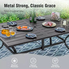 Captiva Designs Set da pranzo da patio 8 pezzi con tavolo rettangolare in acciaio e sedie in acciaio nere e ombrellone beige