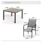 Captiva Designs Ensemble repas de 5 pièces pour terrasse – Table de salle à manger en acier avec trou pour parasol et chaises avec accoudoirs en textilène gris