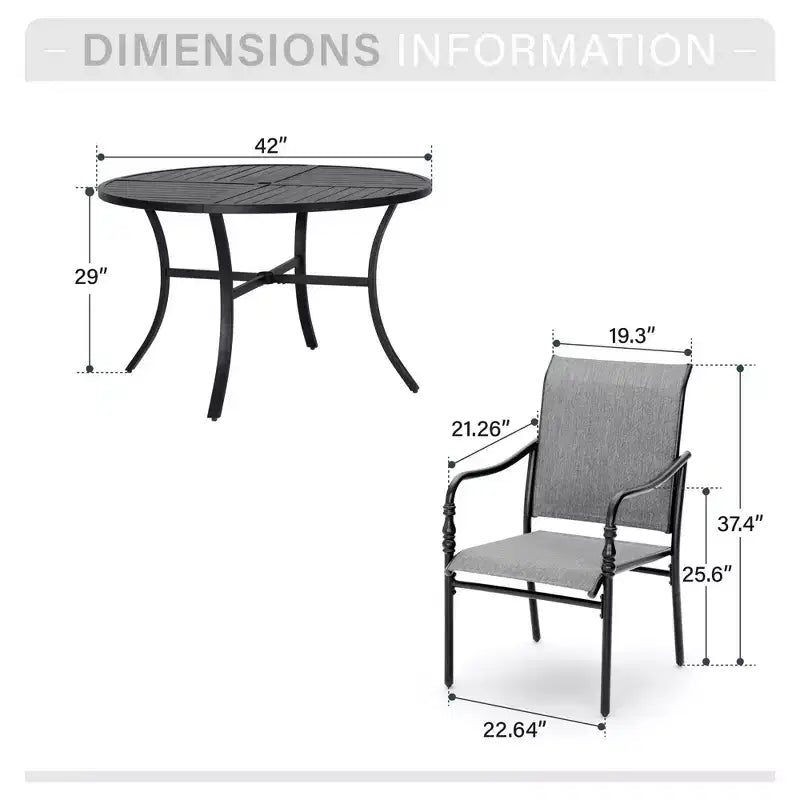 Captiva Designs Ensemble repas de 5 pièces pour terrasse – Table de salle à manger en acier avec trou pour parasol et chaises avec accoudoirs en textilène gris