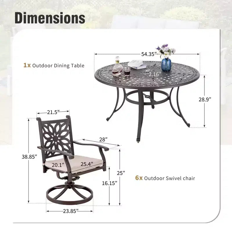 Captiva Designs - Set da pranzo da esterno 7 pezzi in alluminio pressofuso con tavolo rotondo e sedie con schienale a fiori