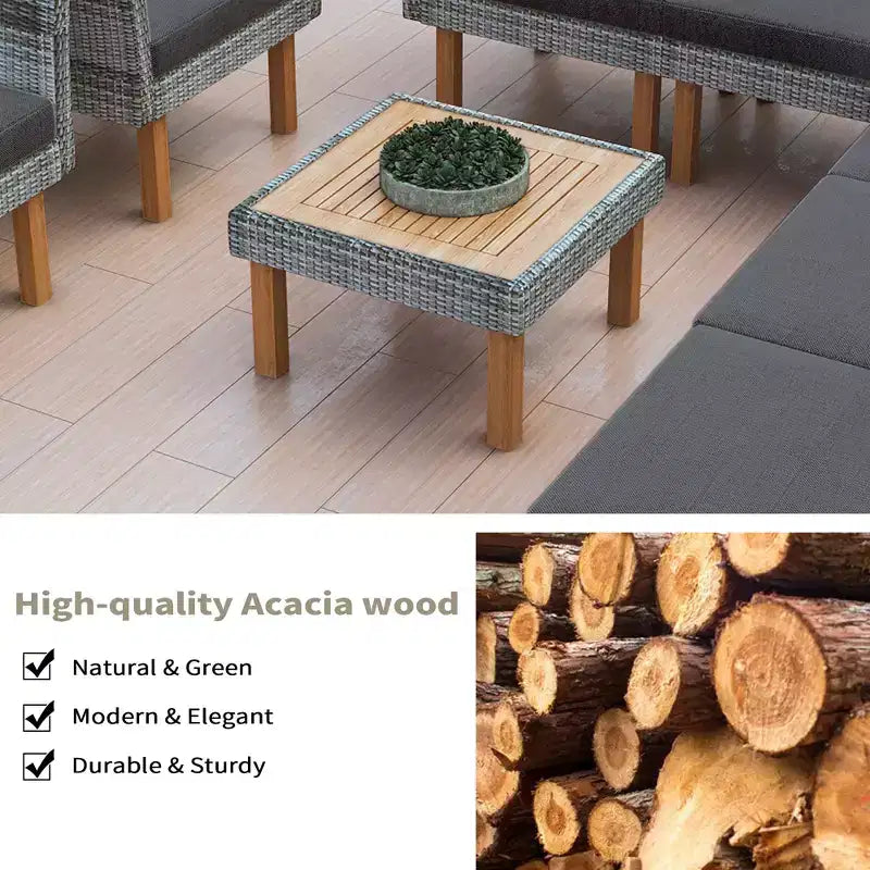 Ensemble de meubles de patio 9 pièces en rotin résistant aux intempéries Whisen et canapé sectionnel d'extérieur avec table basse et coussins - Gris