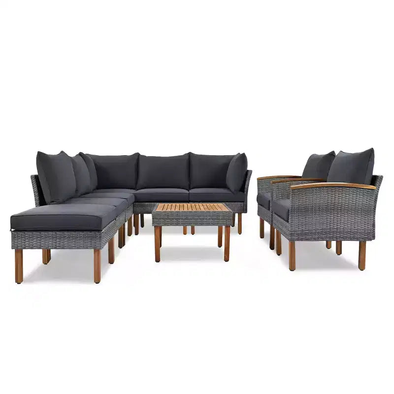 Ensemble de meubles de patio 9 pièces en rotin résistant aux intempéries Whisen et canapé sectionnel d'extérieur avec table basse et coussins - Gris