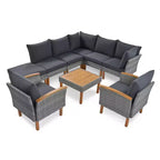 Ensemble de meubles de patio 9 pièces en rotin résistant aux intempéries Whisen et canapé sectionnel d'extérieur avec table basse et coussins - Gris