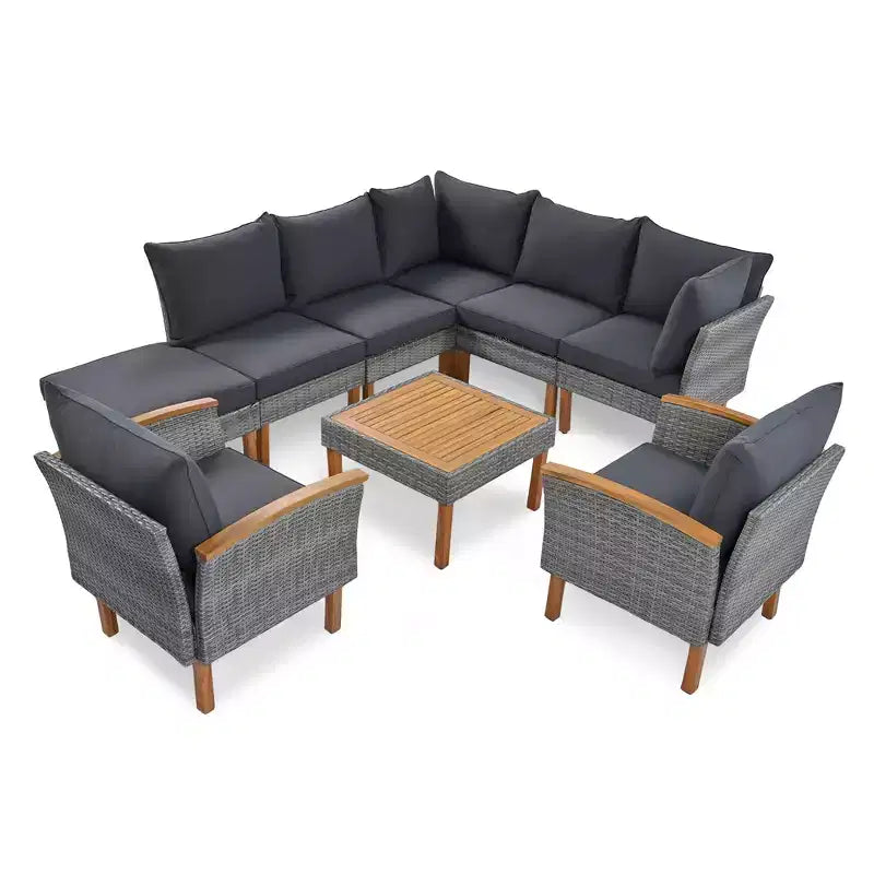 Ensemble de meubles de patio 9 pièces en rotin résistant aux intempéries Whisen et canapé sectionnel d'extérieur avec table basse et coussins - Gris