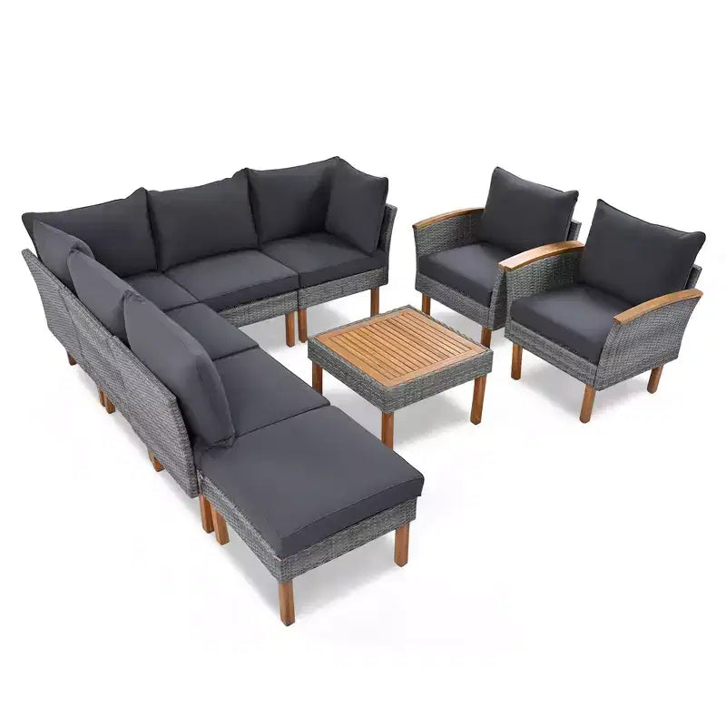 Ensemble de meubles de patio 9 pièces en rotin résistant aux intempéries Whisen et canapé sectionnel d'extérieur avec table basse et coussins - Gris