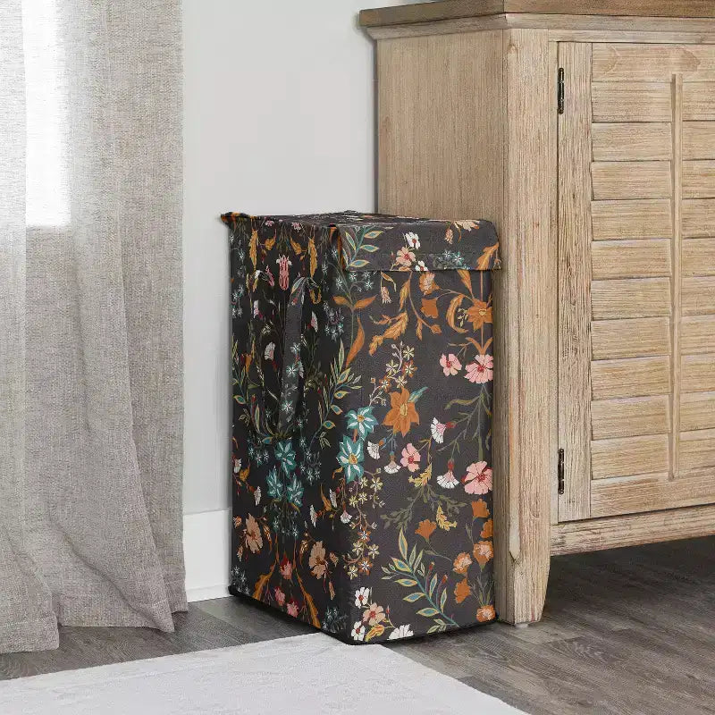 Cesto Portabiancheria Pieghevole per Bambina con Manici, Fantasia Floreale Bohemien Fiori Selvatici Nero e Arancione