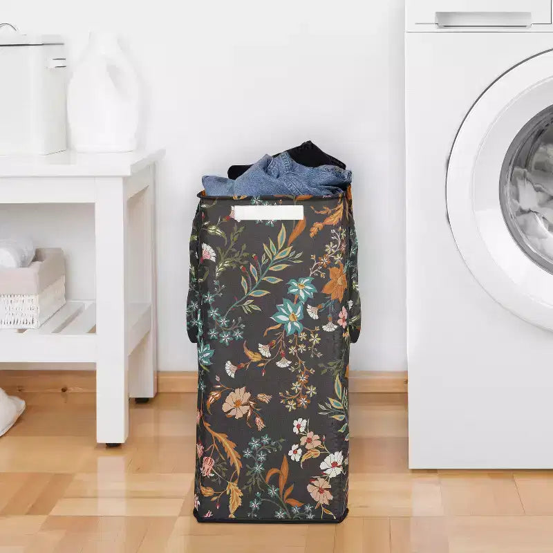Cesto Portabiancheria Pieghevole per Bambina con Manici, Fantasia Floreale Bohemien Fiori Selvatici Nero e Arancione