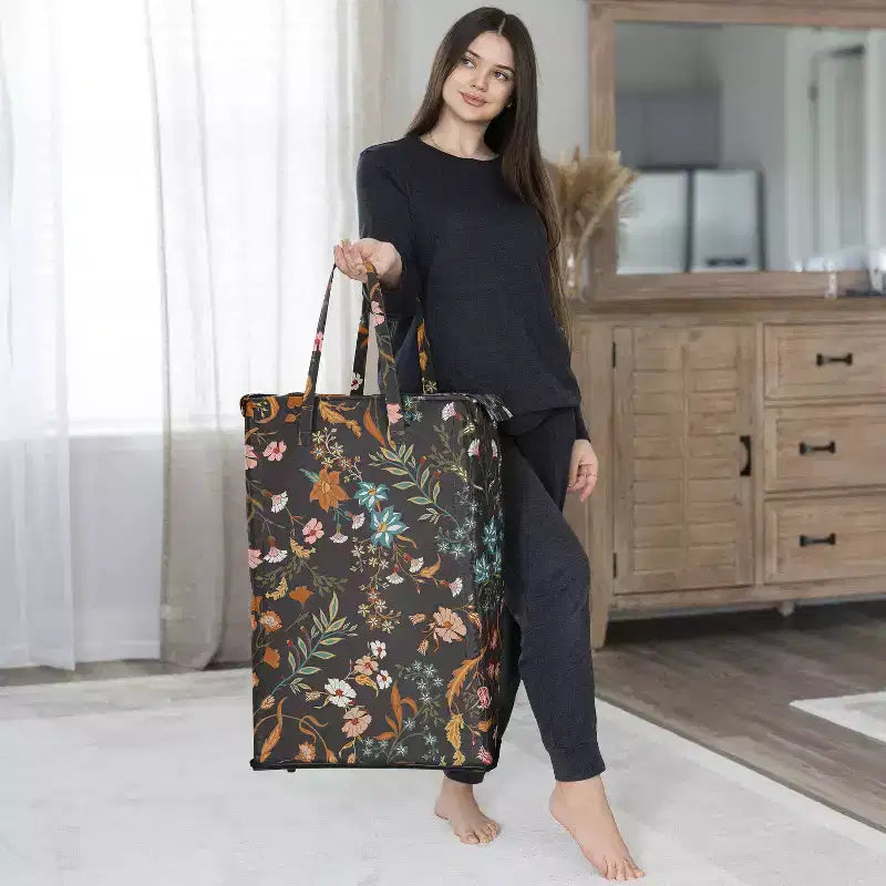 Cesto Portabiancheria Pieghevole per Bambina con Manici, Fantasia Floreale Bohemien Fiori Selvatici Nero e Arancione
