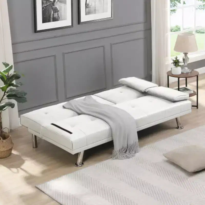 Divano Letto con Bracciolo, Struttura in Legno, Due Portabicchieri, Gambe in Acciaio Inox