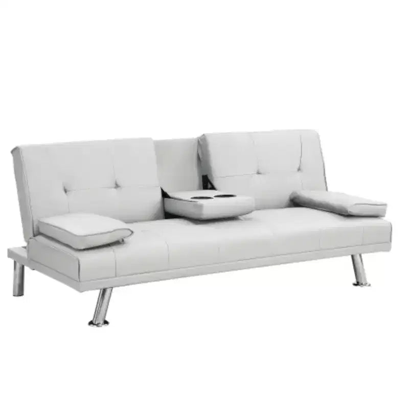 Divano Letto con Bracciolo, Struttura in Legno, Due Portabicchieri, Gambe in Acciaio Inox
