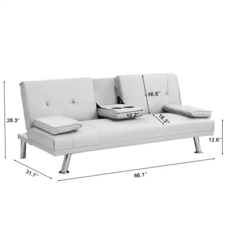 Divano Letto con Bracciolo, Struttura in Legno, Due Portabicchieri, Gambe in Acciaio Inox