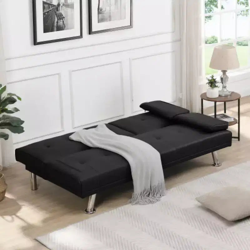 Divano Letto con Bracciolo, Struttura in Legno, Due Portabicchieri, Gambe in Acciaio Inox