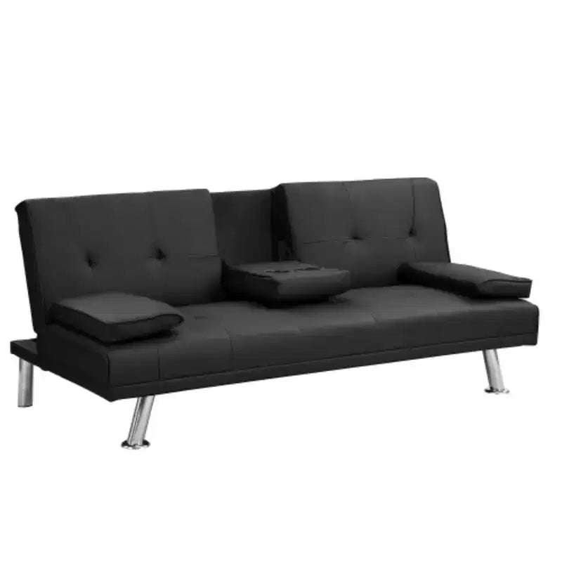 Divano Letto con Bracciolo, Struttura in Legno, Due Portabicchieri, Gambe in Acciaio Inox