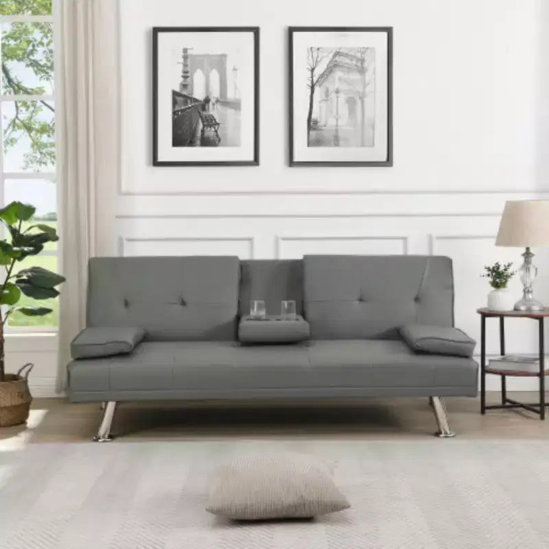 Divano Letto con Bracciolo, Struttura in Legno, Due Portabicchieri, Gambe in Acciaio Inox