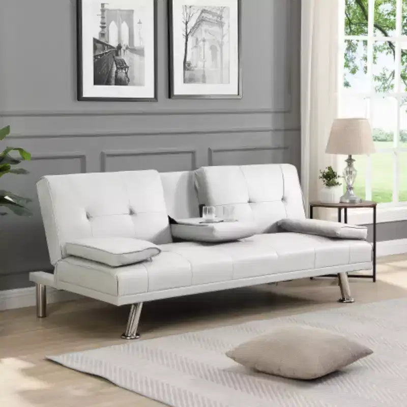 Divano Letto con Bracciolo, Struttura in Legno, Due Portabicchieri, Gambe in Acciaio Inox