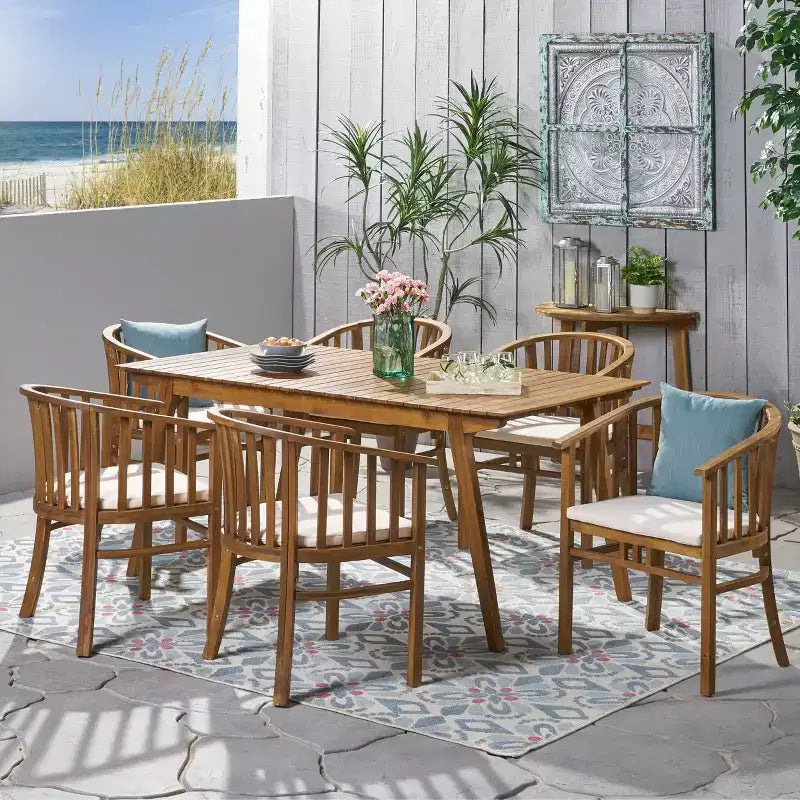 Christopher Knight Home Tamaron Outdoor Acacia Wood Expandable 7 Piece Dining Set with Cushion, Teak and Cream