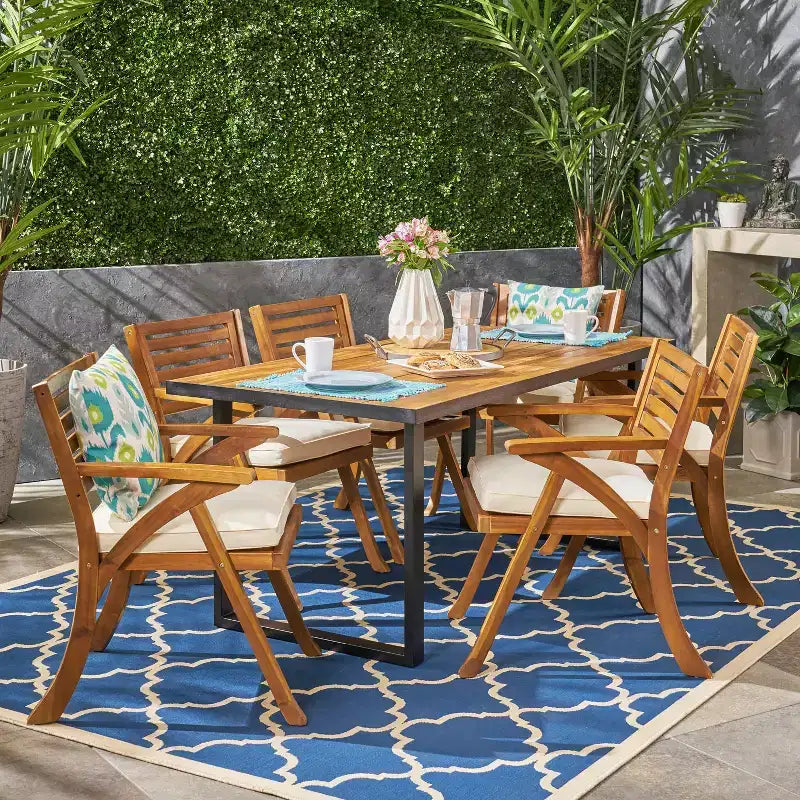 Christopher Knight Home Lovell Outdoor Acacia Wood and Iron 7 Piece Dining Set with Cushion, Teak and Cream