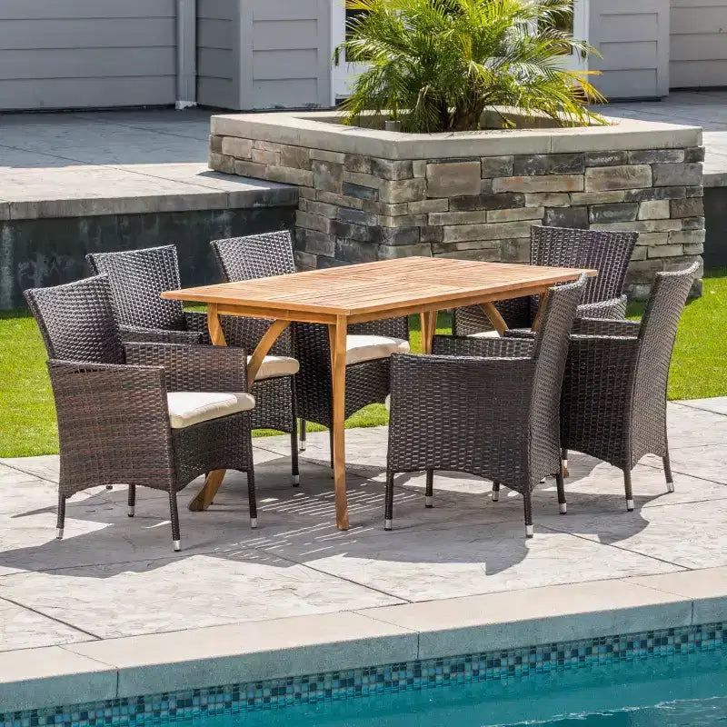 Christopher Knight Home Zain Set da Pranzo da Esterno a 7 Pezzi in Legno di Acacia e Vimini con Cuscini
