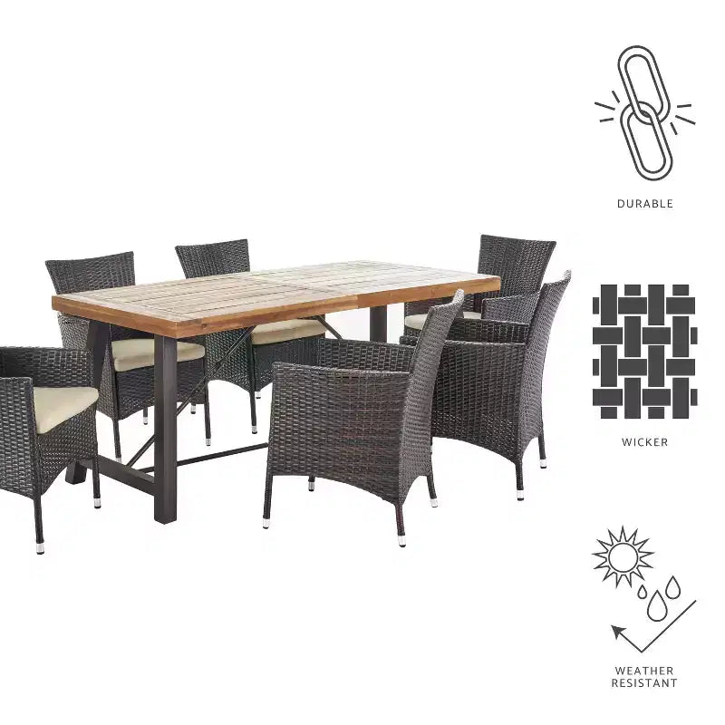 GDFStudio Plauche Set da Pranzo da Esterno in Rattan e Legno di Acacia, 7 Pezzi con Cuscino, Teak/Marrone Multicolore/Beige