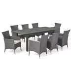 GDFStudio Aloha Outdoor Acacia Wood and Wicker 9 Piece Expandable Dining Set, Light Gray/Gray